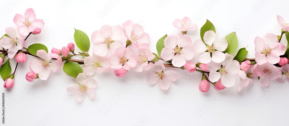 Poster spring blossoms of apple flowers beautifully displayed on a white background with room for additiona