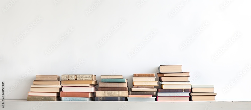 Poster Stack of books on a white backdrop with copy space image.