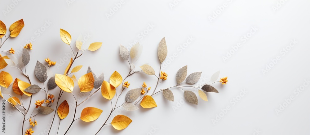 Aufkleber minimal floral design with golden flying autumn leaves of various shapes on a light gray background,