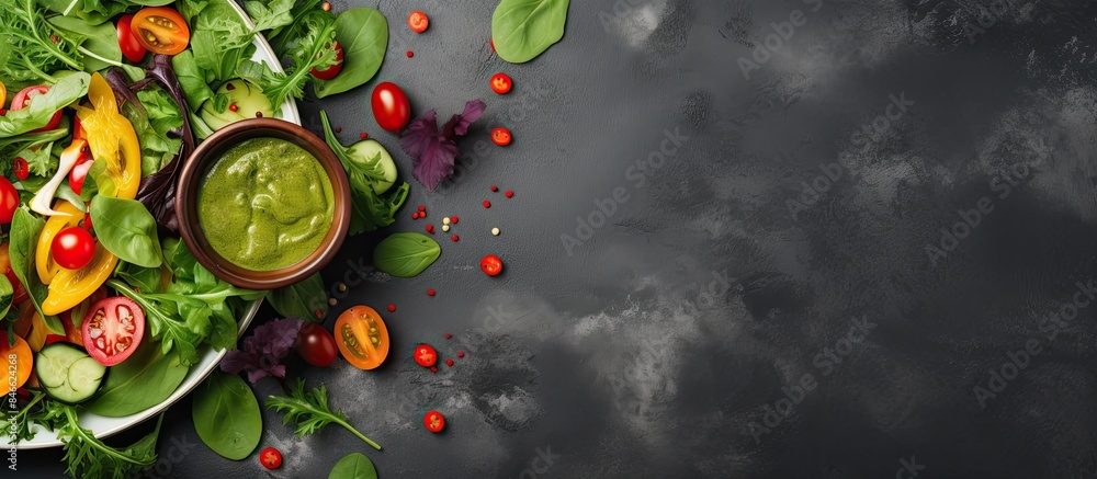 Poster top view of a green vegan salad with a variety of vegetables and leafy greens on a gray stone table 