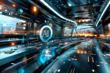 Business professional interacting with AI hologram in a tech conference, showcasing advanced technology and artificial intelligence