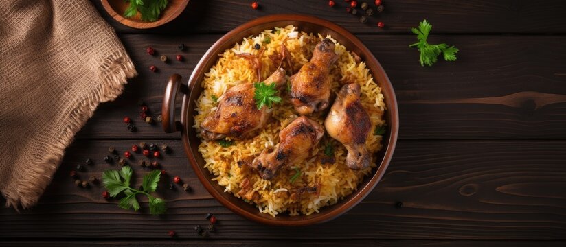 Top view image of Chicken Mandy, a traditional Saudi Arabian dish comprising chicken kabsa and rice mandi, representing Arabic cuisine with copy space image.