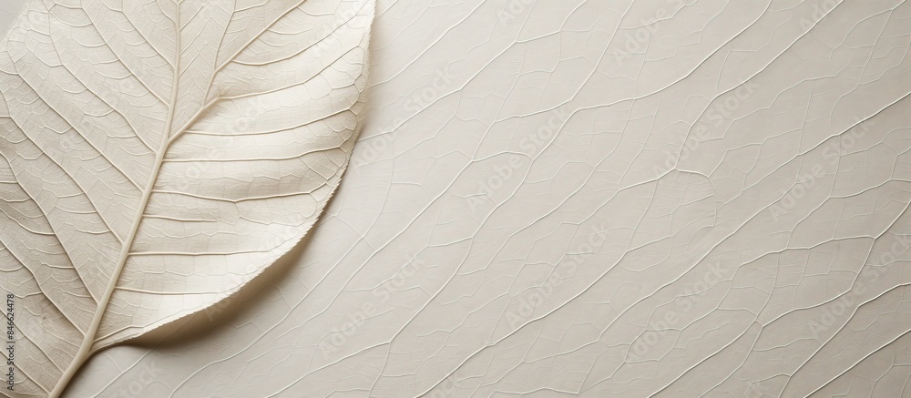 Poster Closeup image showcasing the intricate texture of handmade paper with a leaf on it, creating a serene and natural ambiance with copy space for customization.