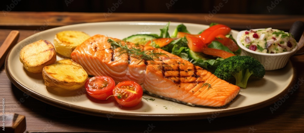 Aufkleber Salmon steak cooked in a fried style served with potatoes and vegetables displayed on a wooden table with copy space image.