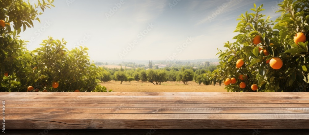 Poster Wooden table set against orange trees and fields, ideal for product display with ample copy space image.