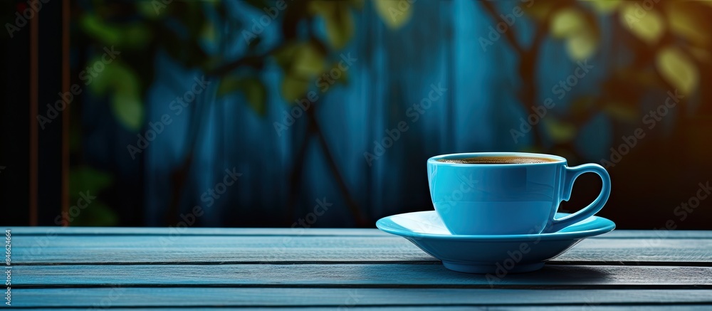 Poster blue cup of coffee on a wooden cafe table with a backdrop of soft lighting, ideal for a copy space i