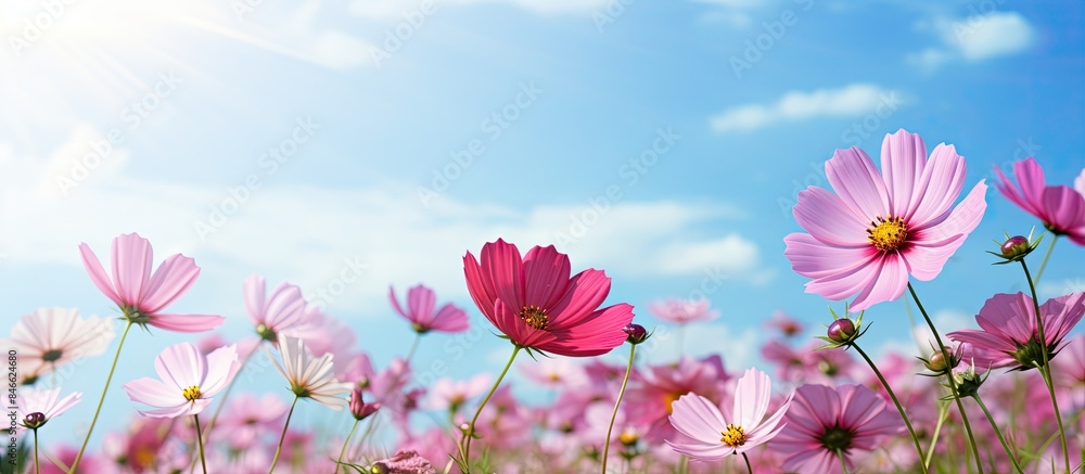 Poster a scenic field of cosmos flowers with ample copy space image.