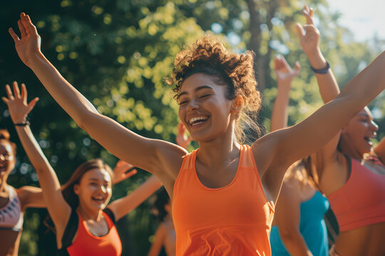 A vibrant photo of a group of friends participating in an outdoor fitness boot camp, with everyone pushing their limits and supporting each other