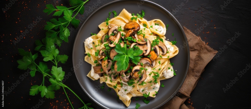 Aufkleber overhead shot of mushroom pappardelle with creamy sauce and parsley on a stone background with copy 