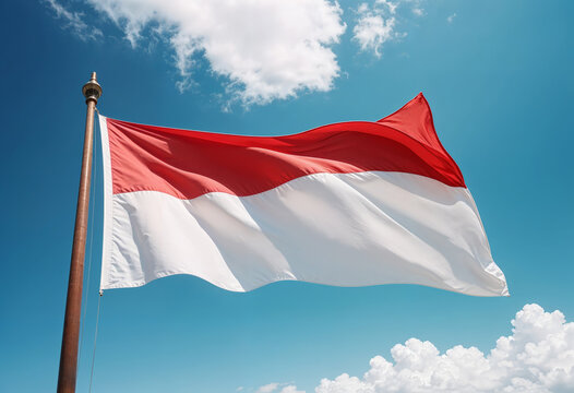 the indonesian flag is flying in the blue sky with clouds