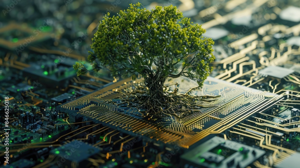 Aufkleber the bottom angle view of the growing green tree on the cpu on the land of the greenish mainboard and