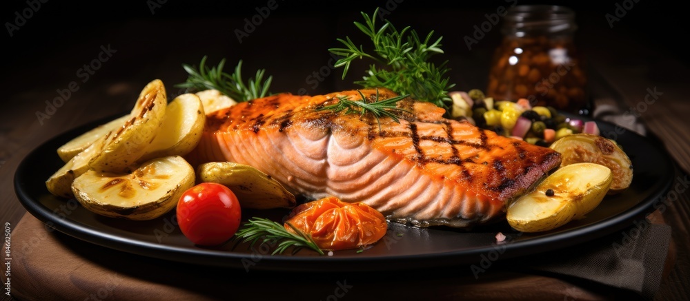 Poster salmon steak cooked in a fried style served with potatoes and vegetables displayed on a wooden table