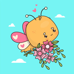 Cute butterfly in love flies with bouquet of flowers. Funny cartoon insect kawaii character. Vector illustration. Kids collection