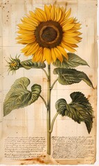 Vintage botanical drawing of a single yellow sunflower on old paper color background, wallpaper, wall art