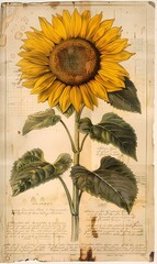 Vintage botanical drawing of a single yellow sunflower on old paper color background, wallpaper, wall art