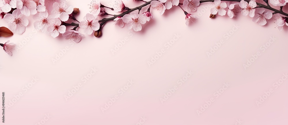 Poster pink plum blossom frame on pastel background signifies the happy women's day concept in a top view f