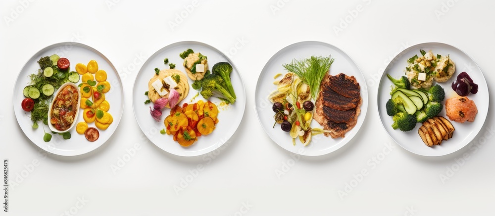 Poster Top view of a variety of food plates placed on a white background with copy space image.