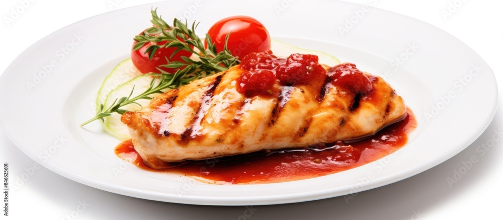Poster a grilled chicken fillet topped with tomato sauce, set against a white backdrop, creating a captivat