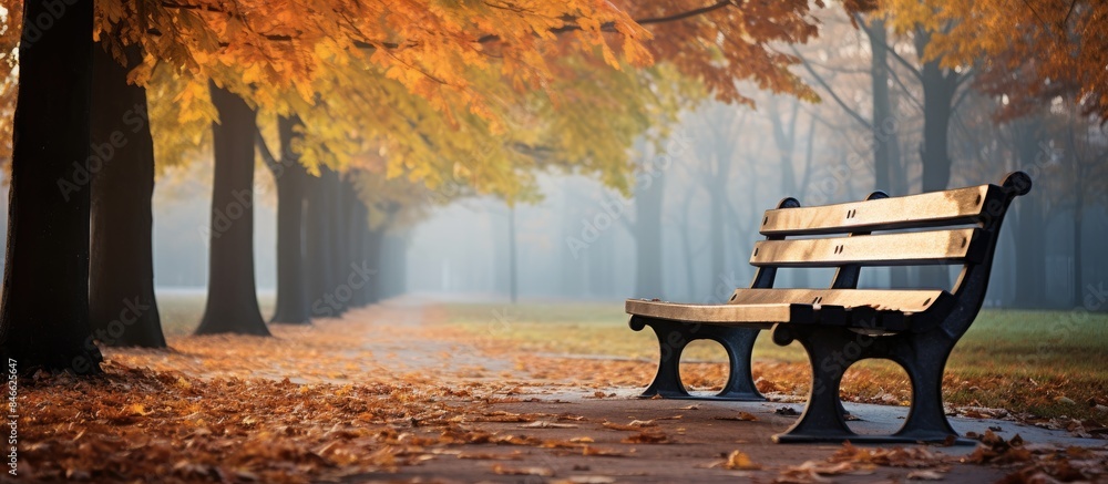 Aufkleber Fall tree-lined pathway with a park bench, set against a picturesque autumn backdrop with ample copy space image.