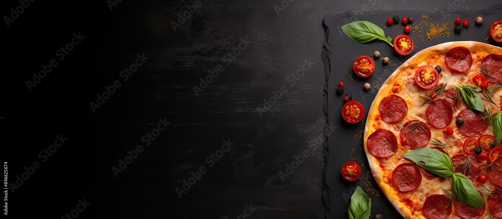 Poster a delectable pepperoni pizza with fresh tomatoes and basil displayed on a black concrete surface, vi