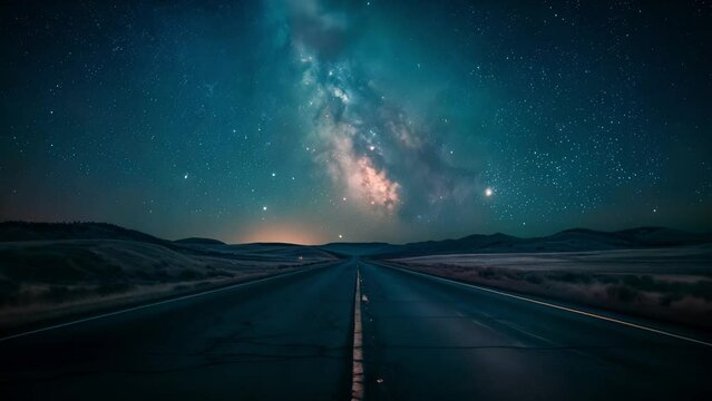 A starry night sky over a deserted road