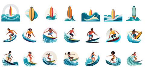 Surfboard and Surfer Illustrations Vector Pack, Surf Shops package, Summer edition.