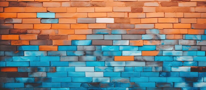 Spray-painted blue and orange colors on a brick wall with a copy space image.