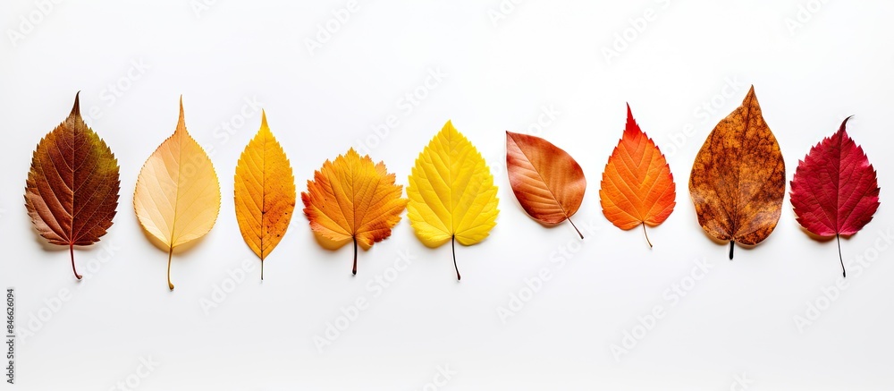 Aufkleber Autumn leaves arranged on a white background creating a flat lay composition with copy space image.