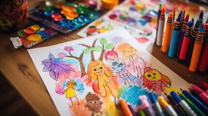 children's drawing and pencils on the table