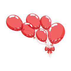 Bunch of red transparent balloons with red bow for birthday and party. Flying red balloons with rope in flat cartoon style. Vector illustration for celebrate and carnival.