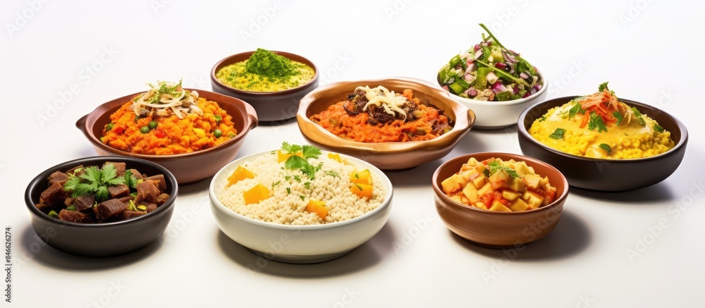 Aufkleber A collection of appetizing couscous dishes displayed on a white backdrop with copy space image.