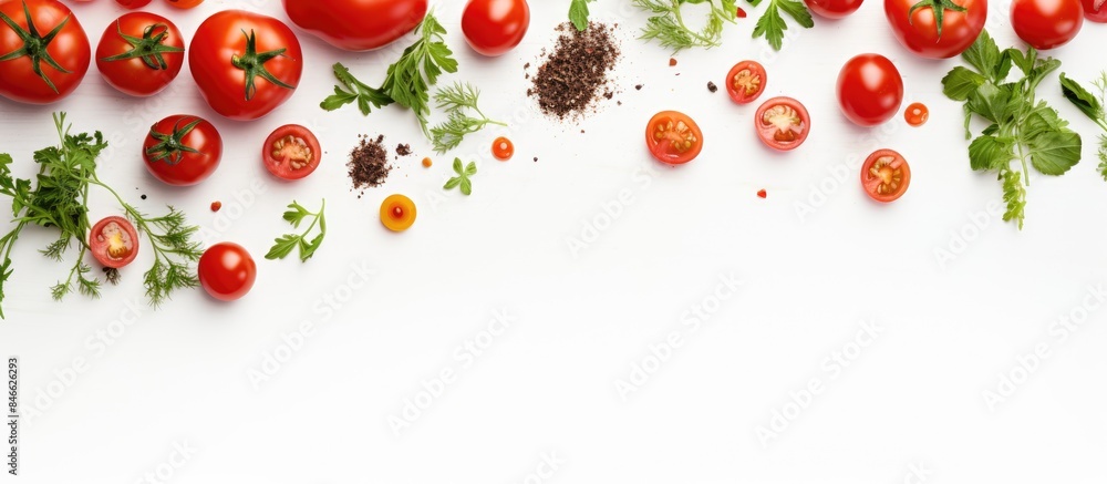 Poster top view of fresh tomato, herbs, and spices arranged on a white background with copy space image.