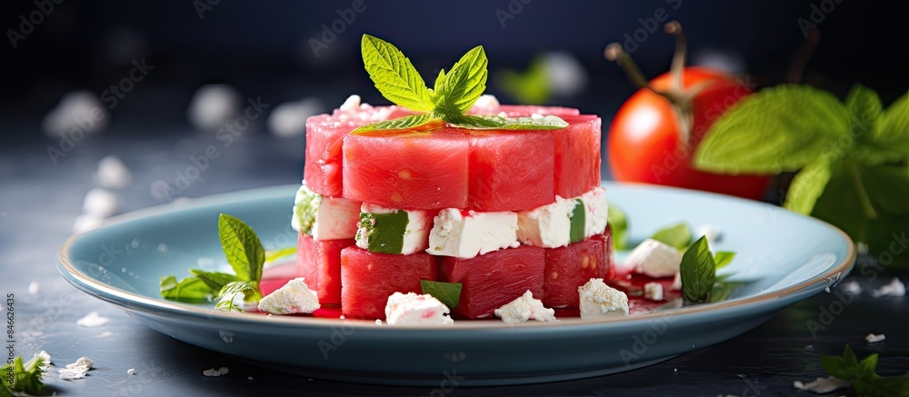 Poster delicious summer dessert featuring a watermelon salad complemented by feta cheese and basil, with a 