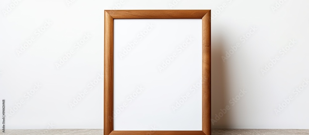 Poster brown wooden desktop photo frame displayed vertically on a white background with copy space image.