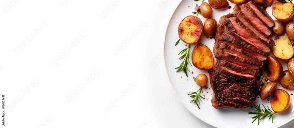 Fototapete Top view of a plate with grilled beef steak and potatoes isolated on a white background, with copy space image.