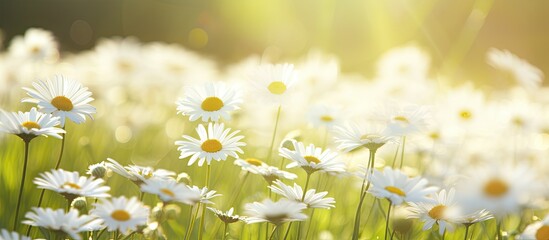 A close-up shot of daisies in a sunlit summer field with copy space image.