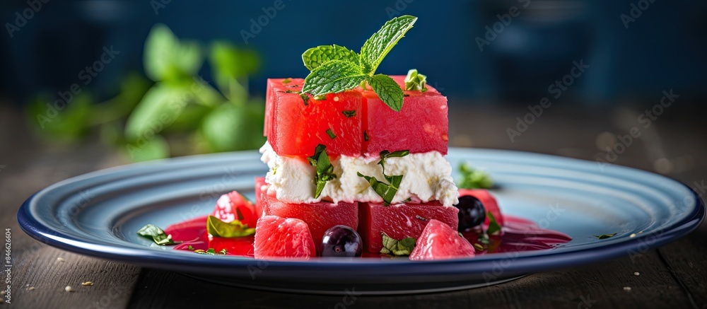 Poster delicious summer dessert featuring a watermelon salad complemented by feta cheese and basil, with a 