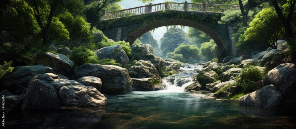 Poster scenic view of a river waterfall in a vibrant mountain forest park with an ancient bridge, ideal for