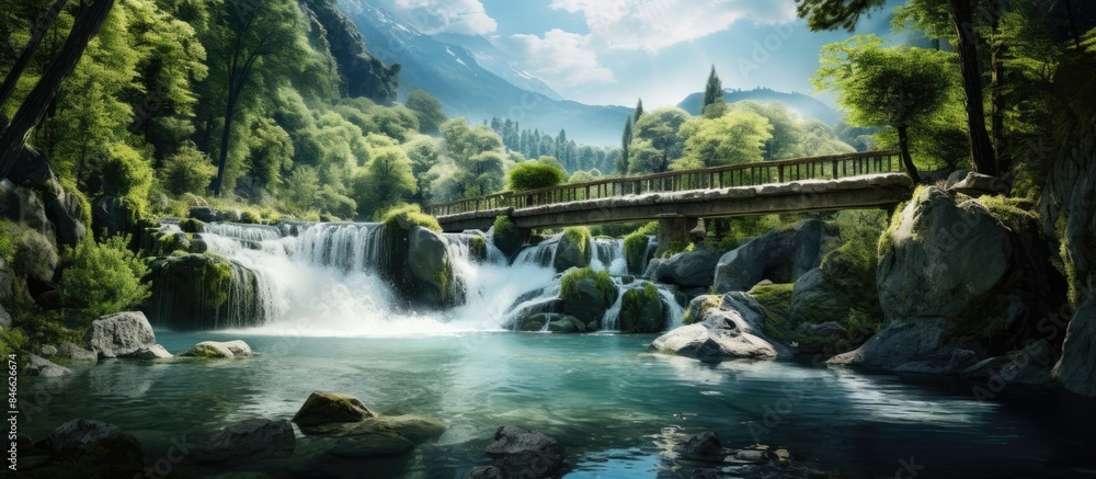 Poster scenic view of a river waterfall in a vibrant mountain forest park with an ancient bridge, ideal for