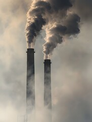 Billowing industrial smoke from factory chimneys against a cloudy sky