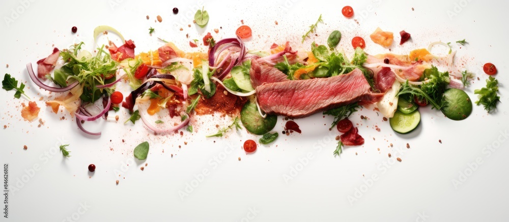 Poster sliced beefsteak with falling salad ingredients on a white backdrop, showcasing a food packaging con