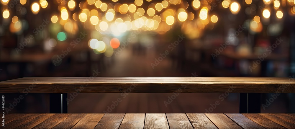 Poster wooden table with copy space image set against a blurred background of restaurant lights.