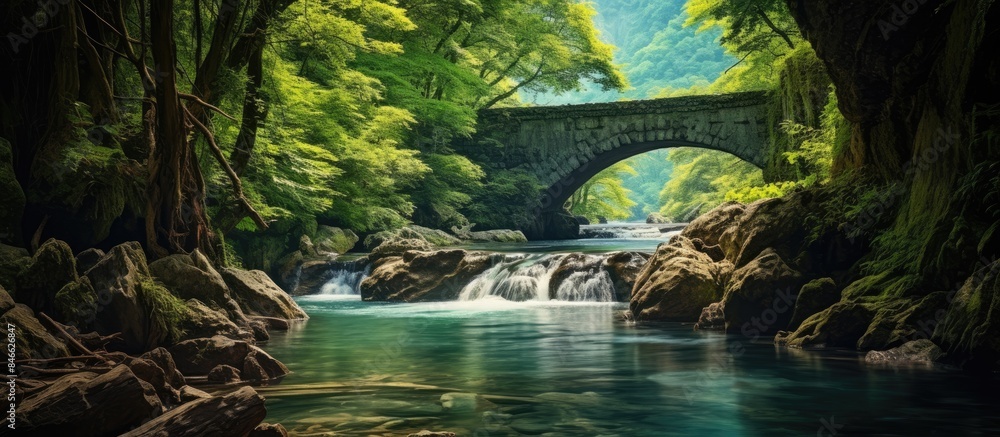 Poster scenic view of a river waterfall in a vibrant mountain forest park with an ancient bridge, ideal for