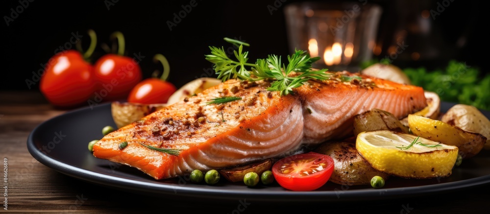 Poster salmon steak cooked in a fried style served with potatoes and vegetables displayed on a wooden table