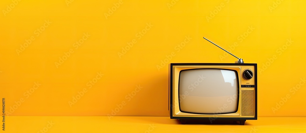 Poster vintage portable 80s television on yellow gradient backdrop with copy space image.