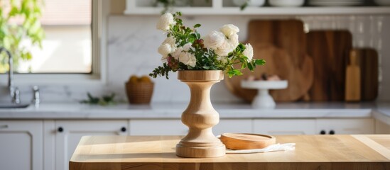 Wooden pedestal on table in kitchen with copy space image for your decorations.