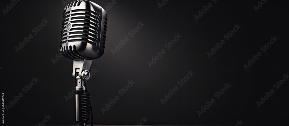 Poster vintage microphone with copy space image on a white backdrop.