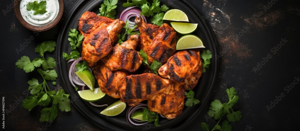 Aufkleber tandoori chicken in indian style on a plate against a dark stone backdrop with a yogurt and spice ma
