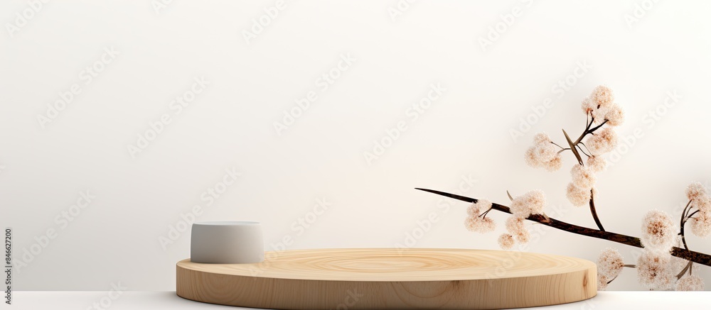Poster Minimal modern product display on white background featuring a wood slice podium and spring branches, creating a scene for showcasing new products with copy space image.