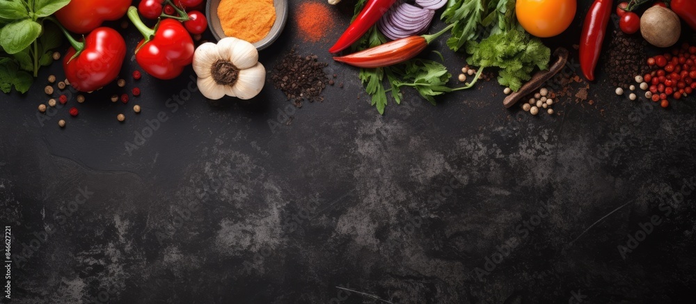 Leinwandbilder top view of a cooking background featuring black stone, assorted spices, and fresh vegetables. ideal